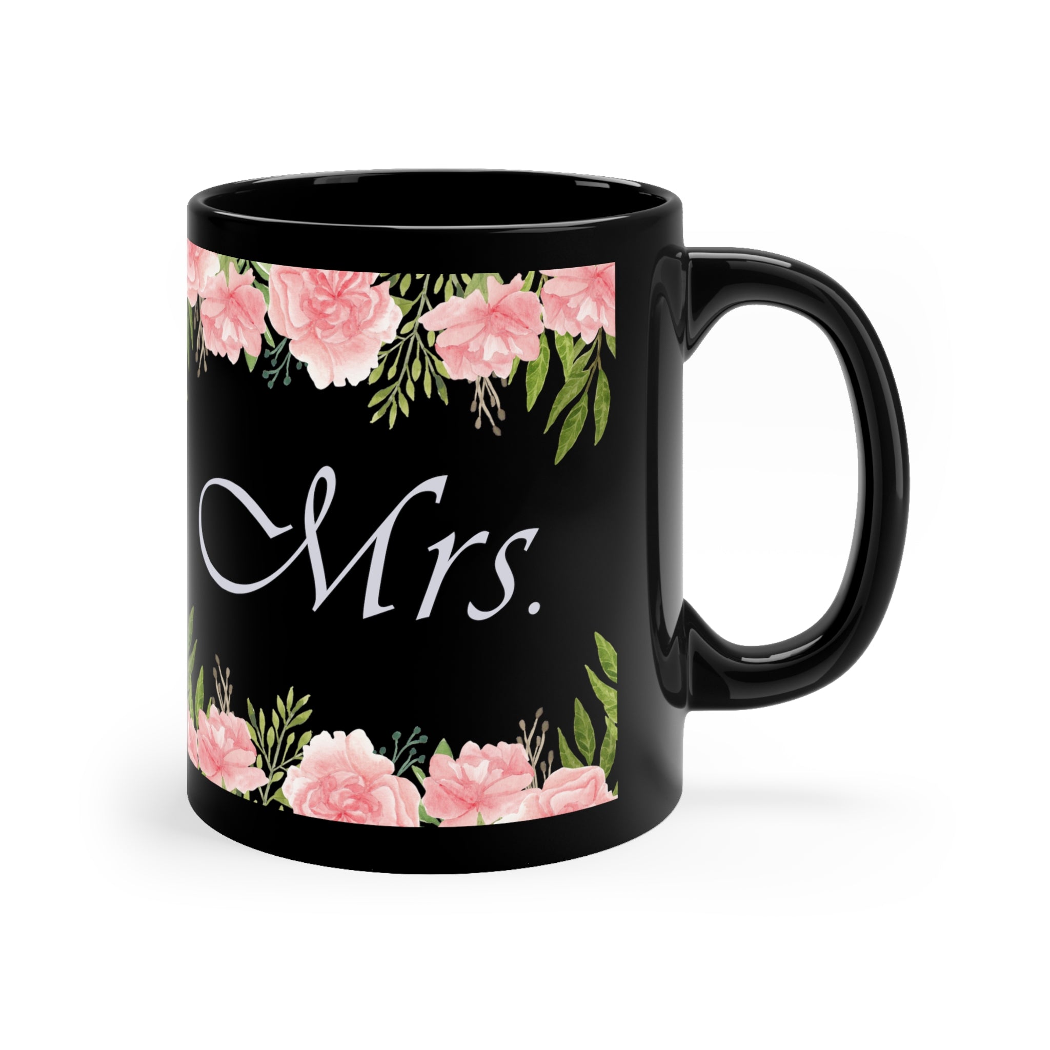 Flowery Mrs. Mug 11oz 11oz bachelor Bachlorette Back-to-School Black base bride Ceramic Coffee Mugs gift Glossy groom Home & Living Mugs Newly weds party Seasonal Picks Sublimation Mug