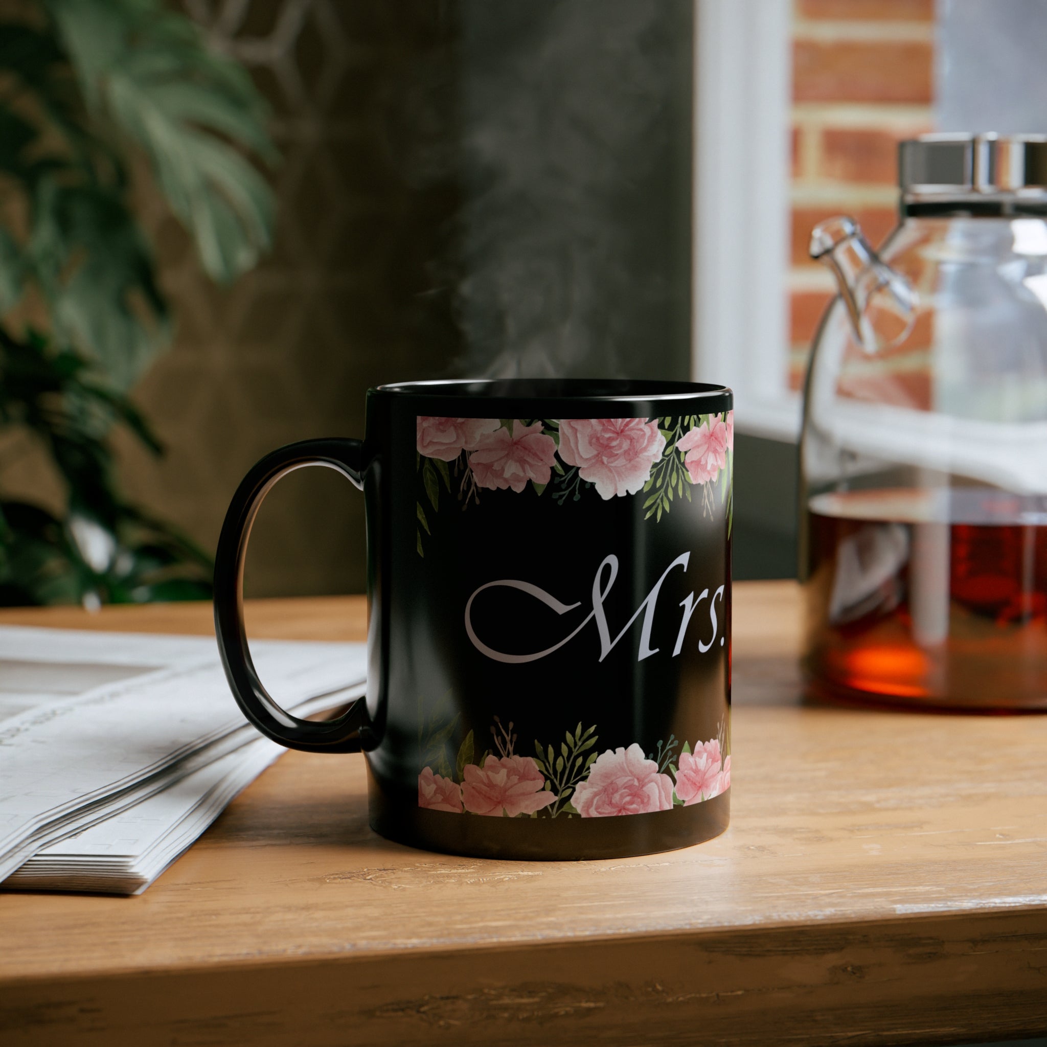 Flowery Mrs. Mug 11oz bachelor Bachlorette Back-to-School Black base bride Ceramic Coffee Mugs gift Glossy groom Home & Living Mugs Newly weds party Seasonal Picks Sublimation Mug