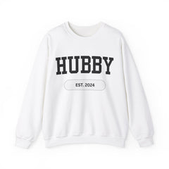 Hubby Sports Sweatshirt White bachelor bachlorette Bridal shower couple Crew neck DTG engagement gifts hubby Men's Clothing new wife newly weds Party Regular fit sports Sweatshirts Unisex Valentine's Day Picks wifey Women's Clothing Sweatshirt