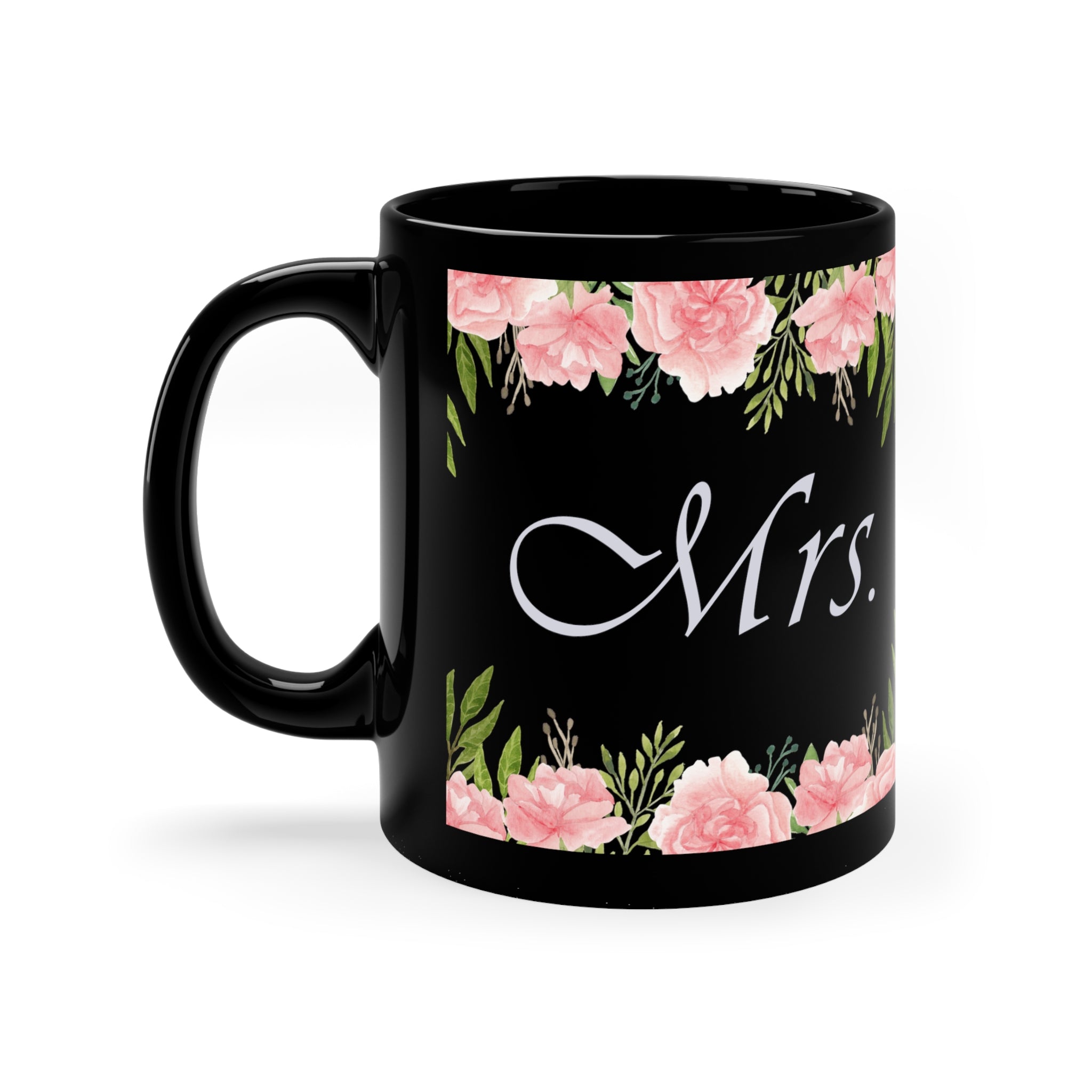 Flowery Mrs. Mug 11oz bachelor Bachlorette Back-to-School Black base bride Ceramic Coffee Mugs gift Glossy groom Home & Living Mugs Newly weds party Seasonal Picks Sublimation Mug