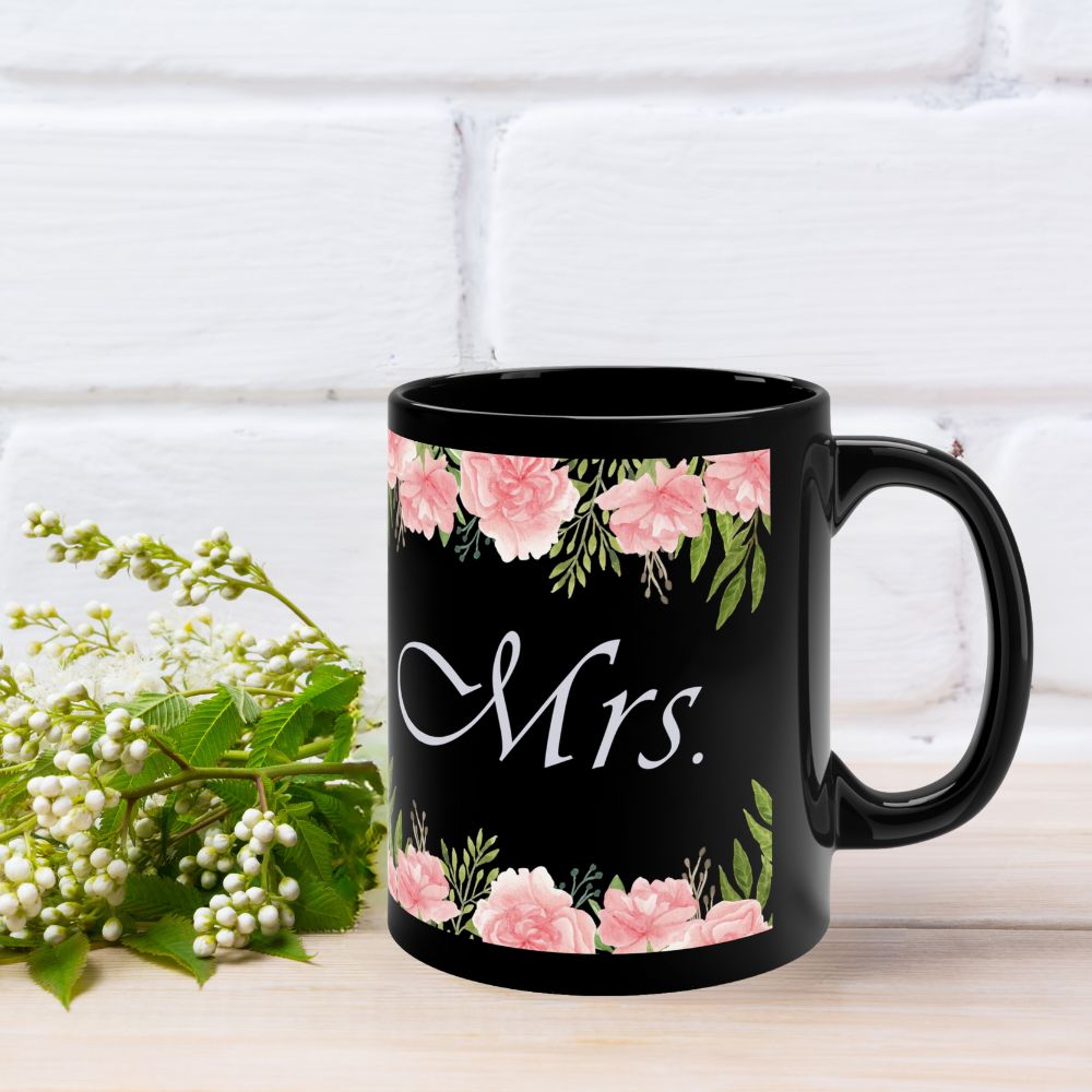 Flowery Mrs. Mug 11oz bachelor Bachlorette Back-to-School Black base bride Ceramic Coffee Mugs gift Glossy groom Home & Living Mugs Newly weds party Seasonal Picks Sublimation Mug