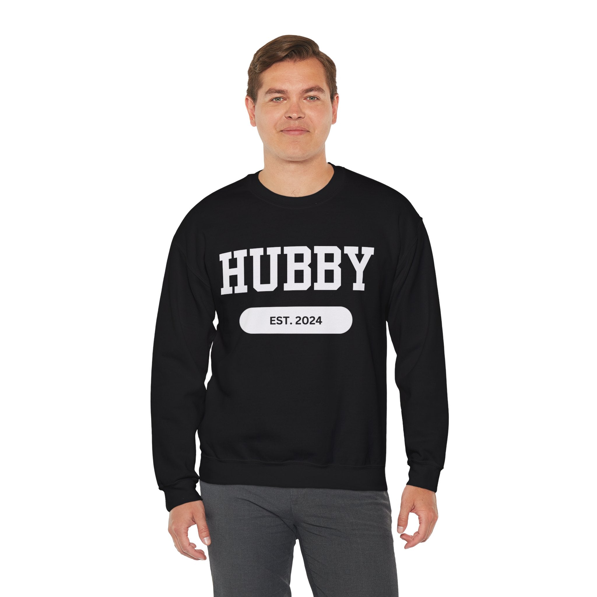 Hubby Sports Sweatshirt bachelor bachlorette Bridal shower couple Crew neck DTG engagement gifts hubby Men's Clothing new wife newly weds Party Regular fit sports Sweatshirts Unisex Valentine's Day Picks wifey Women's Clothing Sweatshirt