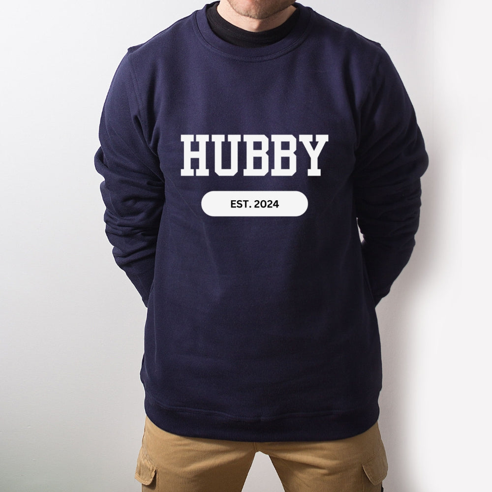 Hubby Sports Sweatshirt bachelor bachlorette Bridal shower couple Crew neck DTG engagement gifts hubby Men's Clothing new wife newly weds Party Regular fit sports Sweatshirts Unisex Valentine's Day Picks wifey Women's Clothing Sweatshirt