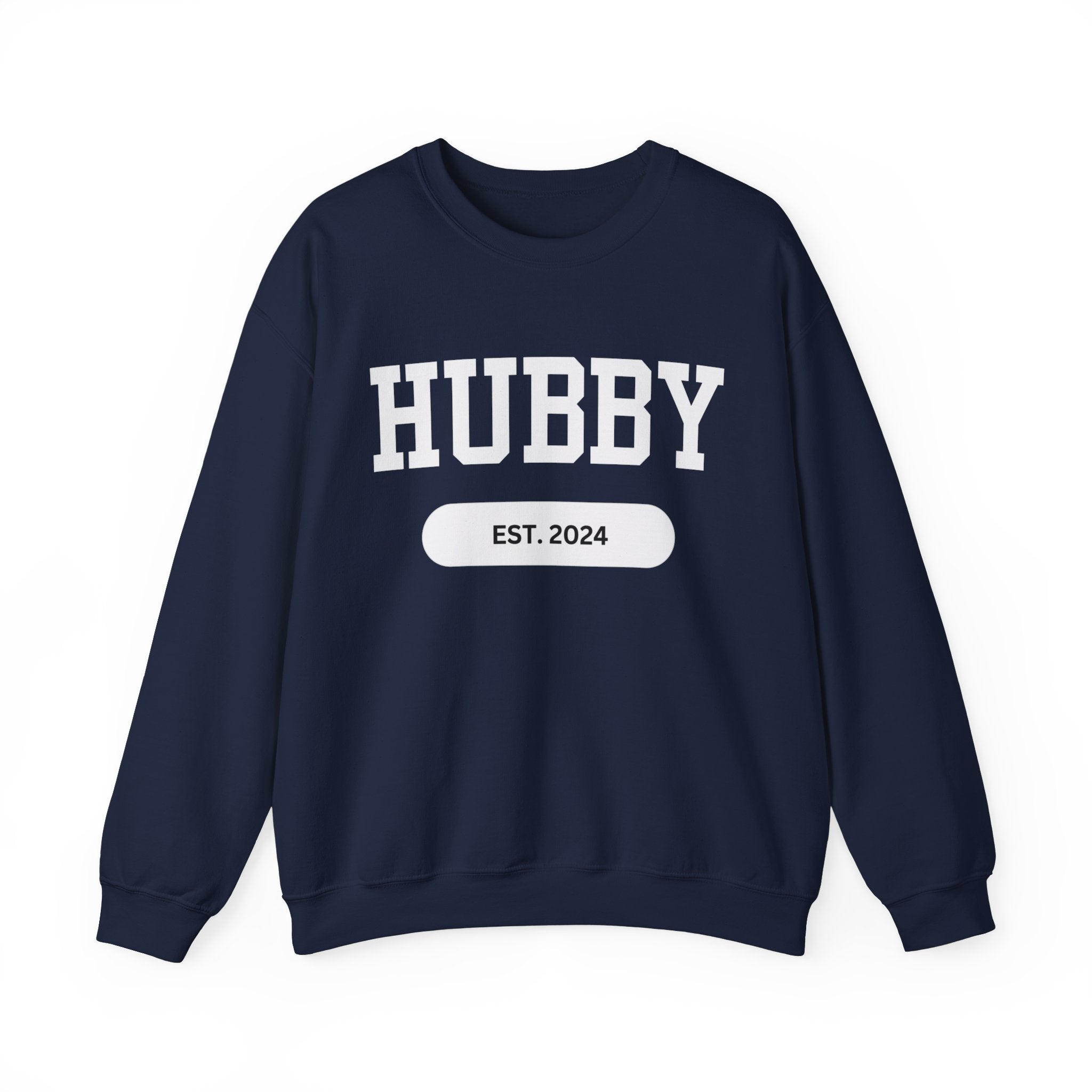 Hubby Sports Sweatshirt Navy bachelor bachlorette Bridal shower couple Crew neck DTG engagement gifts hubby Men's Clothing new wife newly weds Party Regular fit sports Sweatshirts Unisex Valentine's Day Picks wifey Women's Clothing Sweatshirt